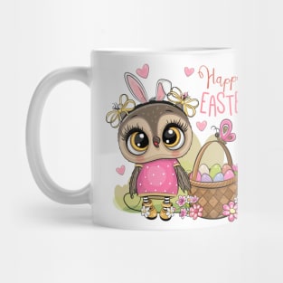 Easter print. Cute fashionable owl next to a basket of eggs. Mug